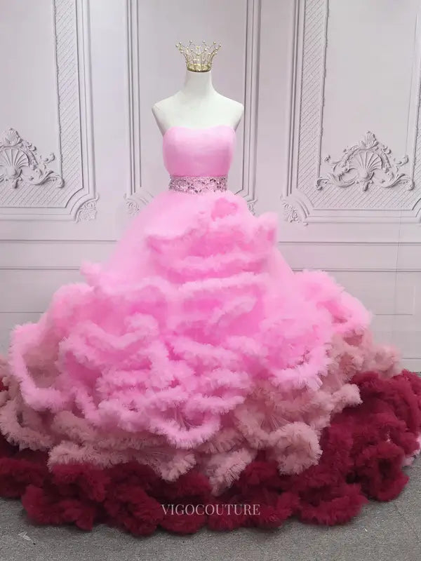 Prom Dresses 2025 to impress Pink Ruffled Tiered Prom Dresses Strapless Quinceanera Dresses SU051-vigocouture-Pink-Custom Size-vigocouture