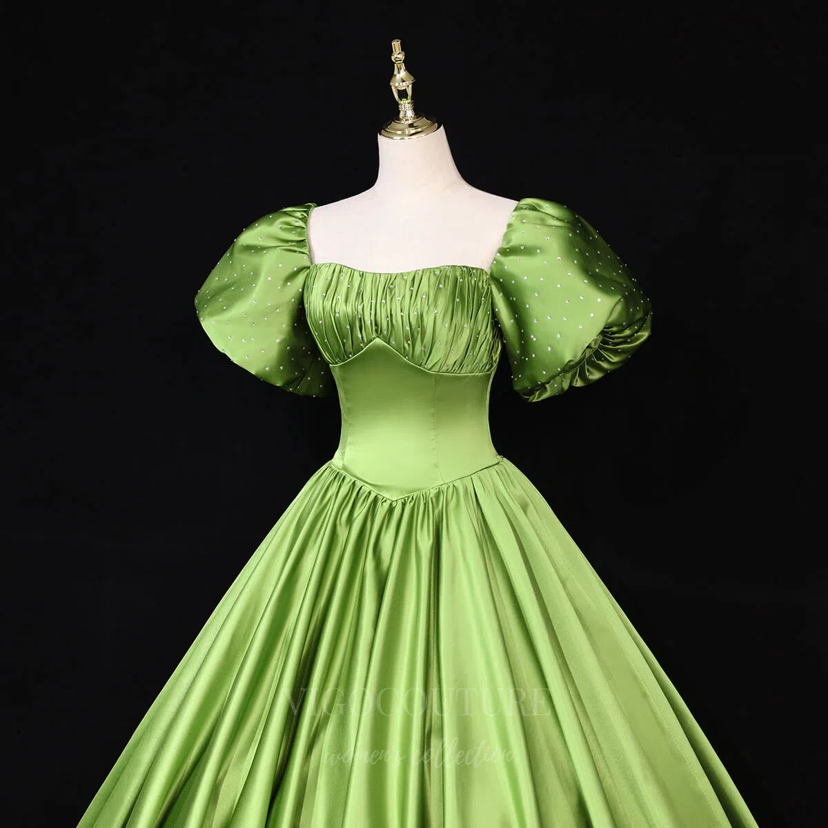 Prom Dress 2025 Pink Satin Ball Gown Puffed Sleeve Quinceanera Dresses 20671-unique elegant Prom Dresses-Green-US2-vigocouture