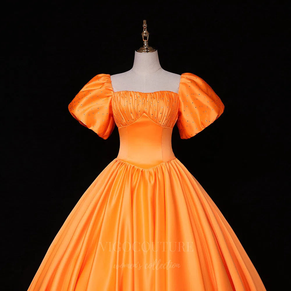 Prom Dress 2025 Pink Satin Ball Gown Puffed Sleeve Quinceanera Dresses 20671-unique elegant Prom Dresses-Orange-US2-vigocouture