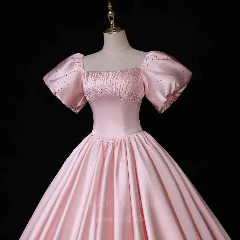 Prom Dress 2025 Pink Satin Ball Gown Puffed Sleeve Quinceanera Dresses 20671-unique elegant Prom Dresses-Pink-US2-vigocouture