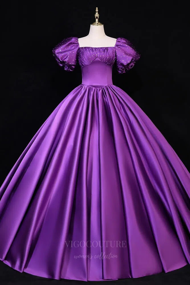 Prom Dress 2025 Pink Satin Ball Gown Puffed Sleeve Quinceanera Dresses 20671-unique elegant Prom Dresses-Purple-US2-vigocouture