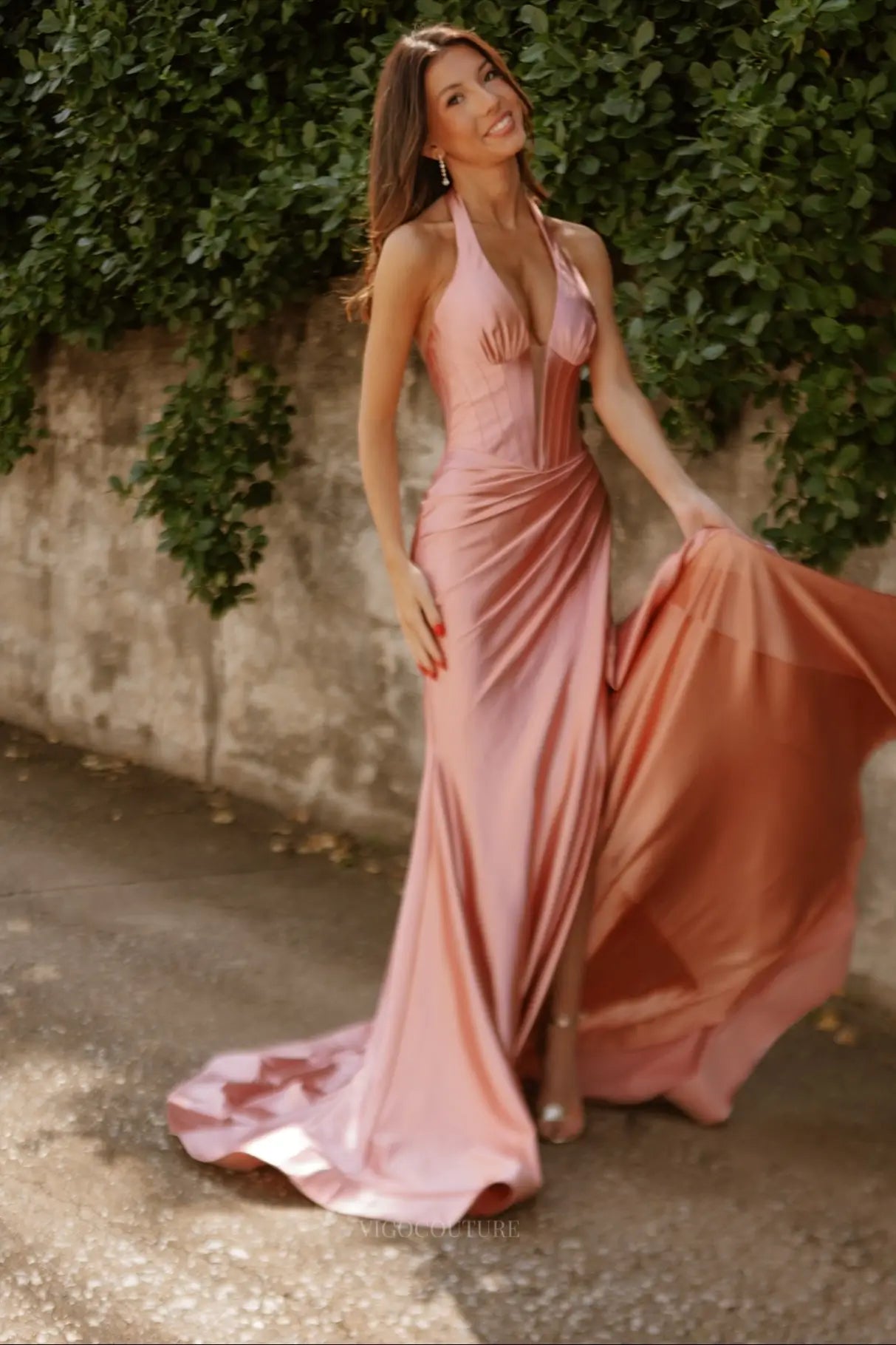 Prom Dresses 2025 to impress Pink Satin Halter Mermaid Prom Dress with Plunge V Neck, Corset Bodice & High Slit – 26070-vigocouture-vigocouture