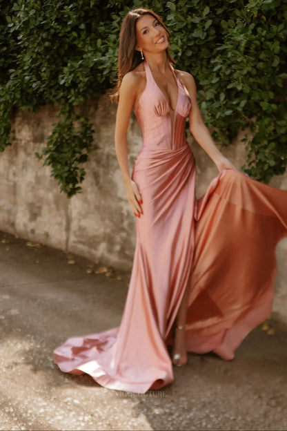 Prom Dresses 2025 to impress Pink Satin Halter Mermaid Prom Dress with Plunge V Neck, Corset Bodice & High Slit – 26070-vigocouture-vigocouture