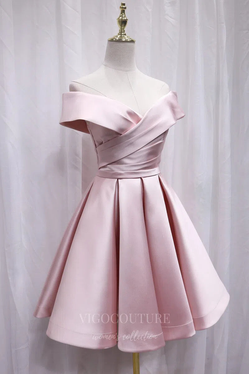 Pink Satin Homecoming Dress Off the Shoulder Hoco Dress hc059 vigocouture Pink Satin Homecoming Dress Off the Shoulder Hoco Dress hc059 vigocouture