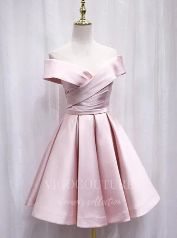 Short Prom Dresses 2025 Pink Satin Homecoming Dress Off the Shoulder Hoco Dress hc059-Prom Dresses-vigocouture-Pink-US2-vigocouture