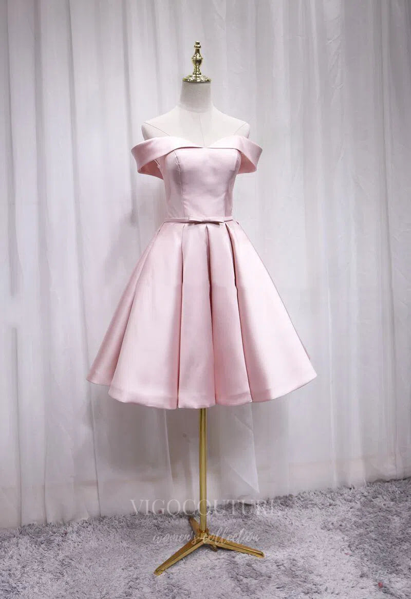Pink Satin Homecoming Dress Red Off the Shoulder Hoco Dress hc058 Pink / US12 Pink Satin Homecoming Dress Red Off the Shoulder Hoco Dress hc058 Pink / US12