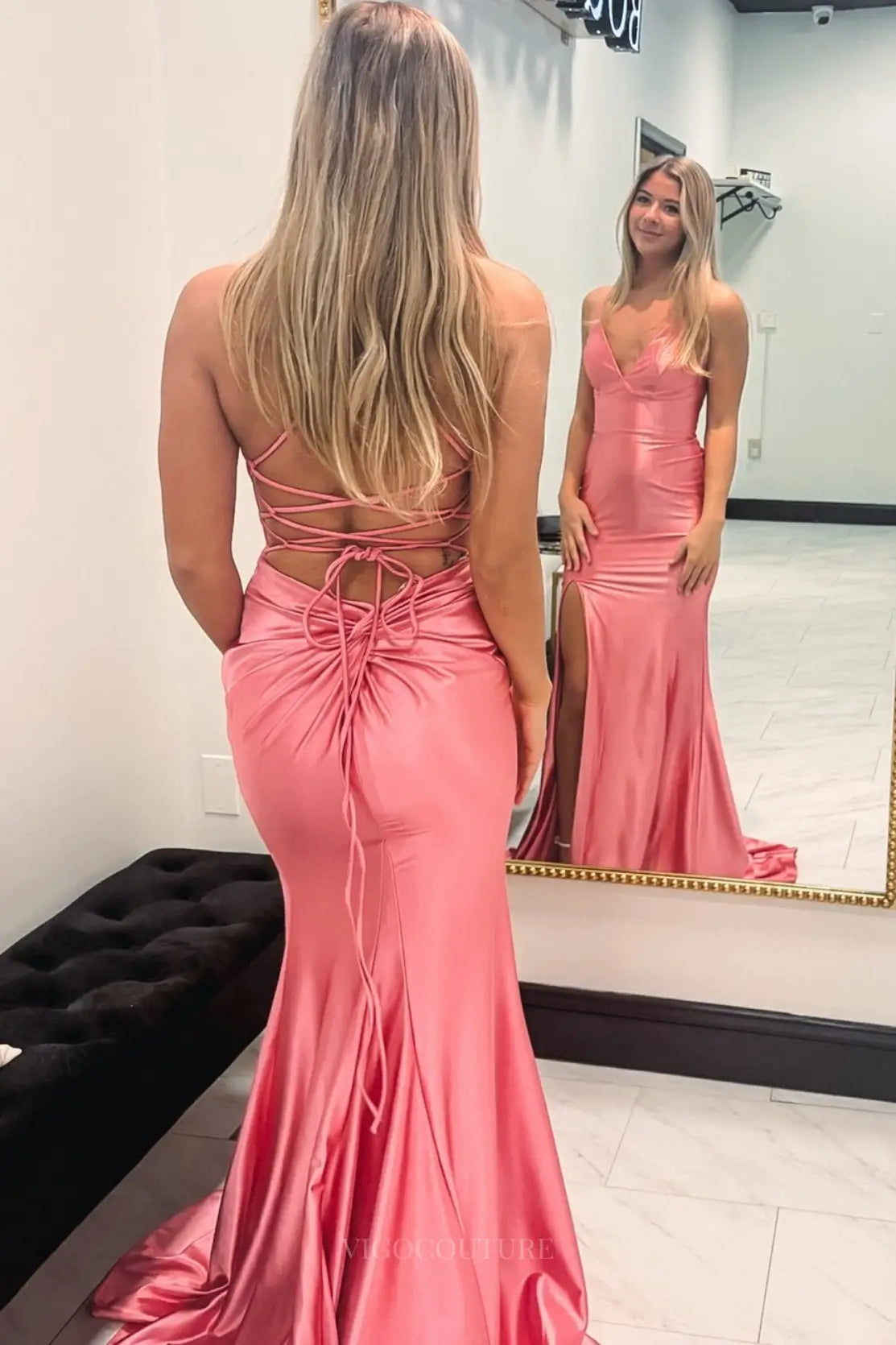 Prom Dresses 2025 to impress Pink Satin Mermaid Prom Dress with Lace-Up Back & High Slit – YS002-vigocouture-vigocouture