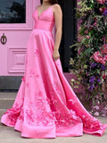 Prom Dress 2025 Pink Satin Prom Dresses Floral A-Line Formal Dresses 20599-unique elegant Prom Dresses-Pink-US2-vigocouture