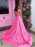 Pink Satin Prom Dresses Floral A-Line Formal Dresses 20599