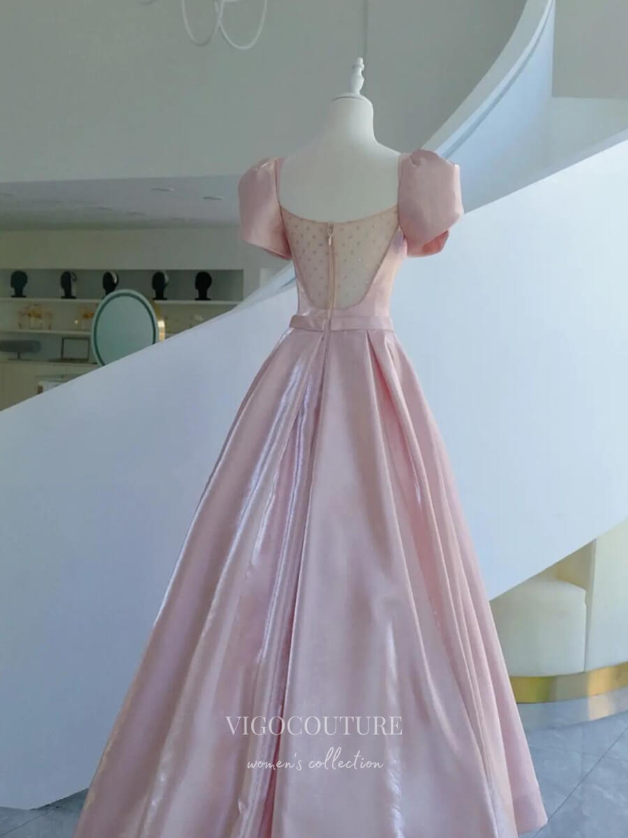 Prom Dress 2025 Pink Satin Prom Dresses Puffed Sleeve Formal Dresses 21041-unique elegant Prom Dresses-Pink-Custom Size-vigocouture