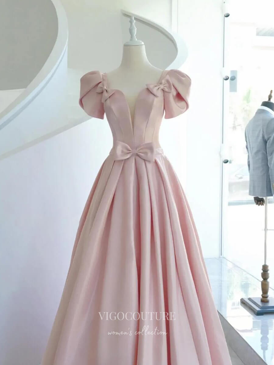 Prom Dress 2025 Pink Satin Prom Dresses Puffed Sleeve Formal Dresses 21041-unique elegant Prom Dresses-Pink-Custom Size-vigocouture