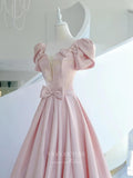 Pink Satin Prom Dresses Puffed Sleeve Formal Dresses 21041