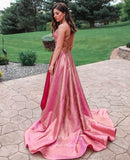 Pink Satin Prom Dresses Spaghetti Strap Evening Dress 21971