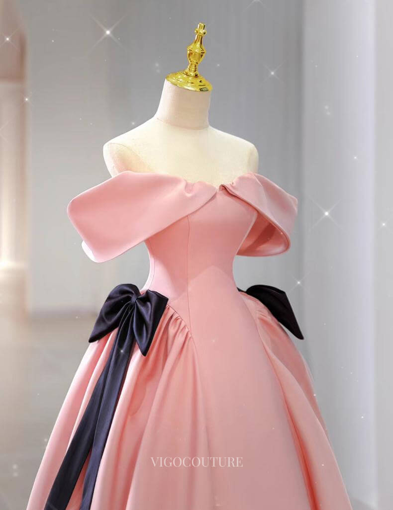 Prom Dresses 2025 to impress Pink Satin Prom Dresses with Bow, Off the Shoulder Formal Dresses BG083-vigocouture-vigocouture