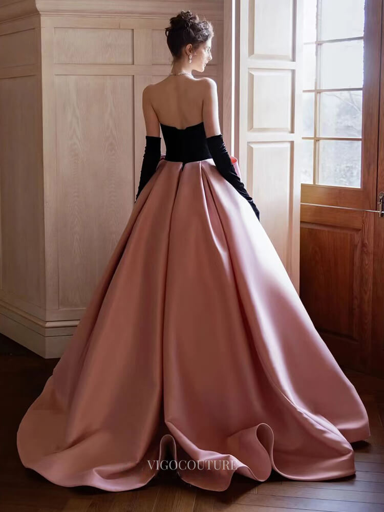 black and pink quince dress Pink Satin Prom Dresses with Bow Tie, Velvet Bodice, Strapless Quinceanera Dresses BG075 Pink / US10