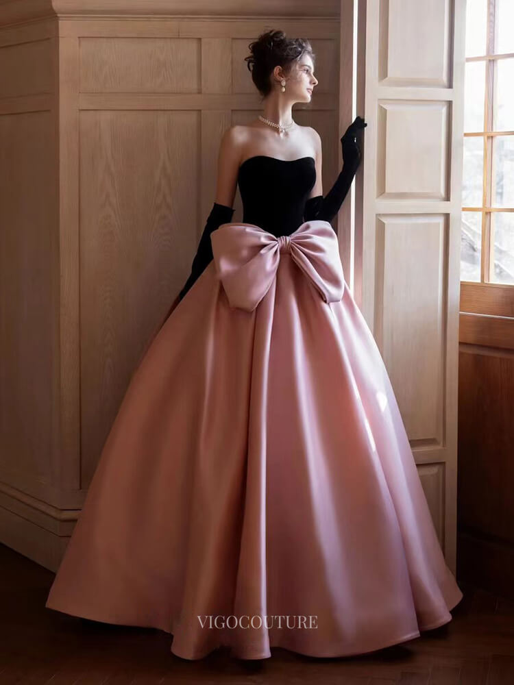 Prom Dresses 2025 to impress Pink Satin Prom Dresses with Bow Tie, Velvet Bodice, Strapless Quinceanera Dresses BG075-vigocouture-vigocouture