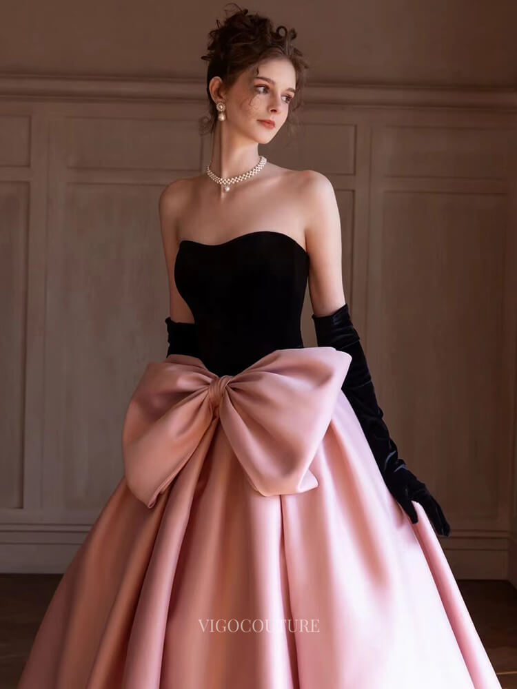 Prom Dresses 2025 to impress Pink Satin Prom Dresses with Bow Tie, Velvet Bodice, Strapless Quinceanera Dresses BG075-vigocouture-vigocouture