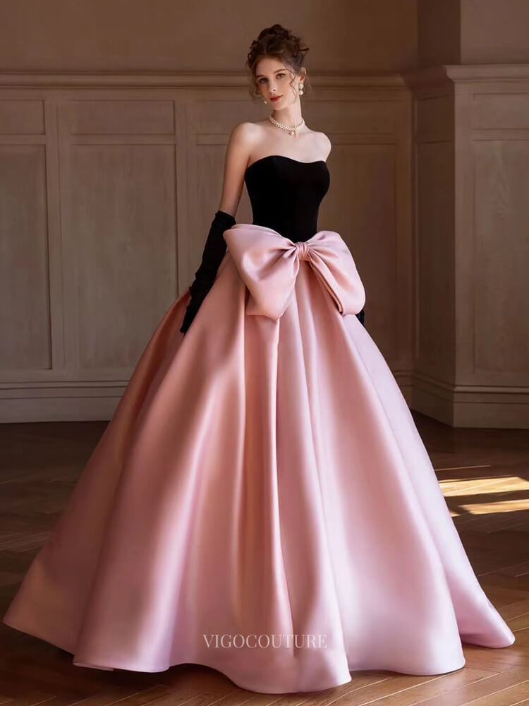 Prom Dresses 2025 to impress Pink Satin Prom Dresses with Bow Tie, Velvet Bodice, Strapless Quinceanera Dresses BG075-vigocouture-Pink-Custom Size-vigocouture