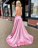 Prom Dress 2025 Pink Satin Prom Dresses with Slit Spaghetti Strap Formal Dress 20849-unique elegant Prom Dresses-Pink-US2-vigocouture