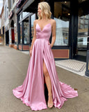 Pink Satin Prom Dresses with Slit Spaghetti Strap Formal Dress 20849