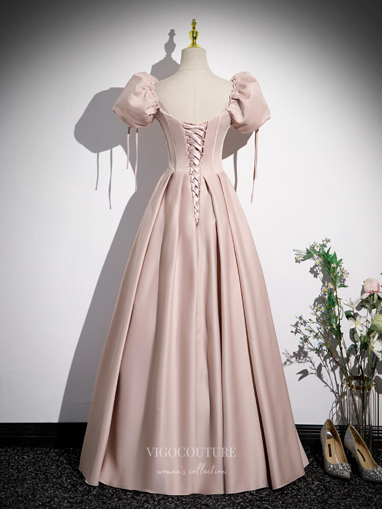 pink puff sleeve prom dress Unique sweetheart neck tulle long prom dress puff sleeves long formal