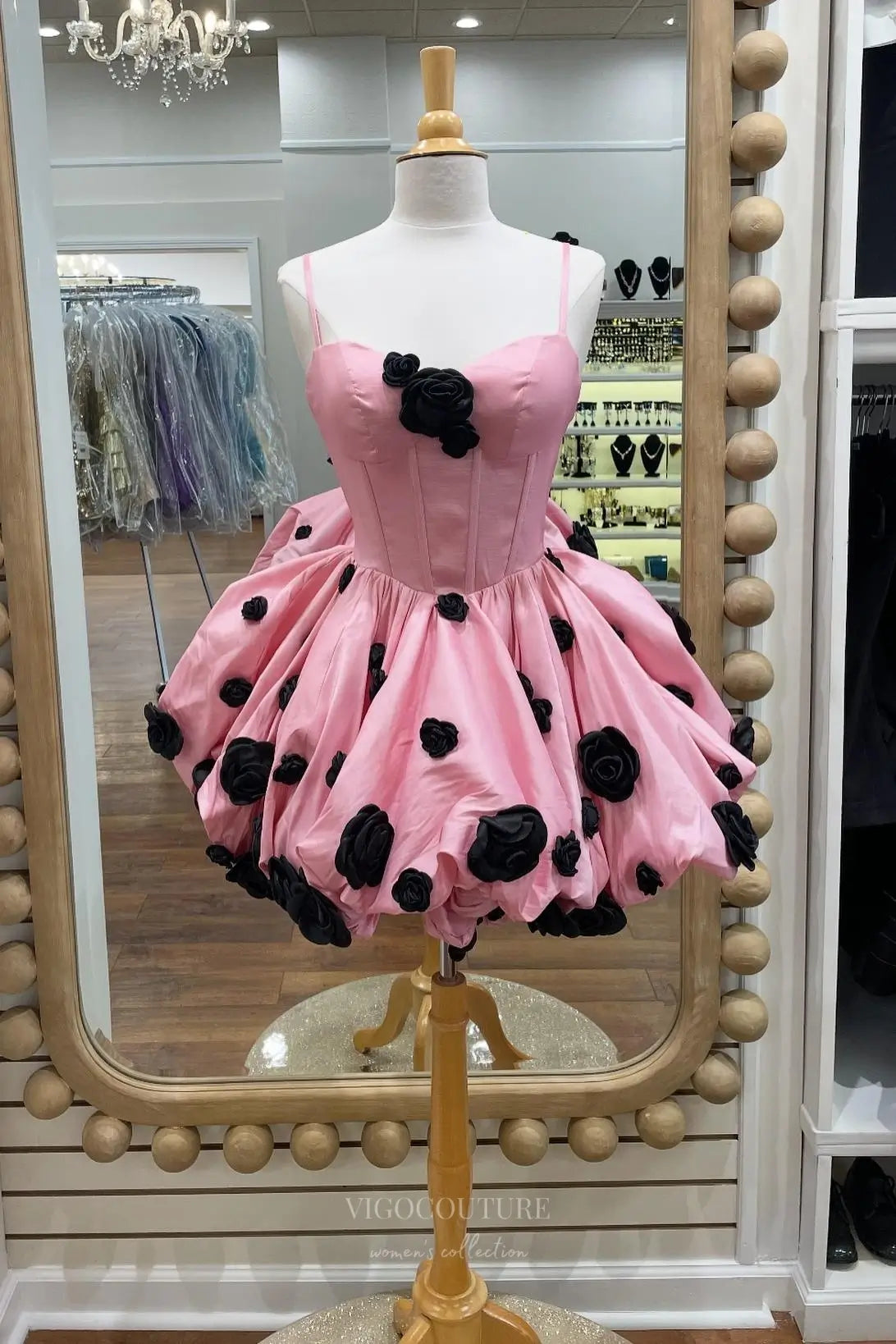 Pink Satin Spaghetti Strap Homecoming Dress with Black 3D Floral Appliqués and Bubble Skirt – HC504