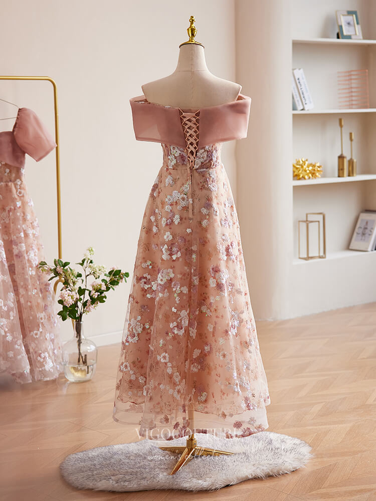 Pink Sequin Floral Lace Prom Dresses Off the Shoulder Maxi Dress 24384 – vigocouture