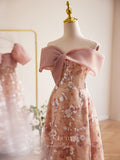 Prom Dress 2025 Pink Sequin Floral Lace Prom Dresses Off the Shoulder Maxi Dress 24384-unique elegant Prom Dresses-Pink-Custom Size-vigocouture