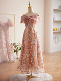 Prom Dress 2025 Pink Sequin Floral Lace Prom Dresses Off the Shoulder Maxi Dress 24384-unique elegant Prom Dresses-Pink-Custom Size-vigocouture