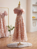 Prom Dress 2025 Pink Sequin Floral Lace Prom Dresses Off the Shoulder Maxi Dress 24384-unique elegant Prom Dresses-Pink-Custom Size-vigocouture