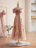 Pink Sequin Floral Lace Prom Dresses Off the Shoulder Maxi Dress 24384