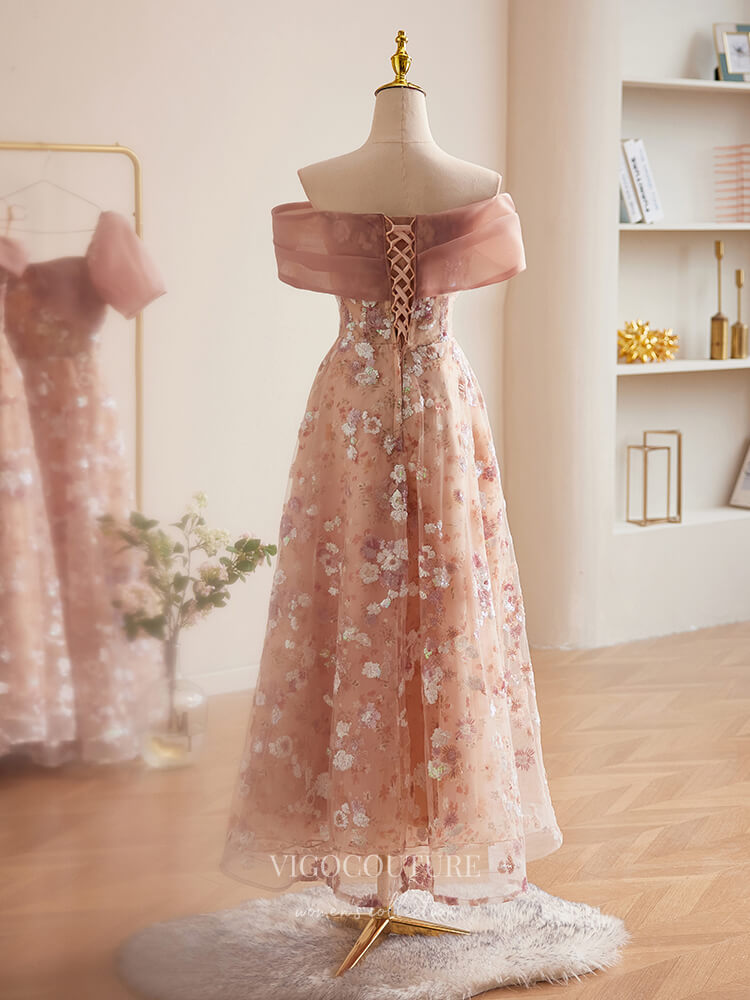 Prom Dress 2025 Pink Sequin Floral Lace Prom Dresses Off the Shoulder Maxi Dress 24385-unique elegant Prom Dresses-Pink-Custom Size-vigocouture