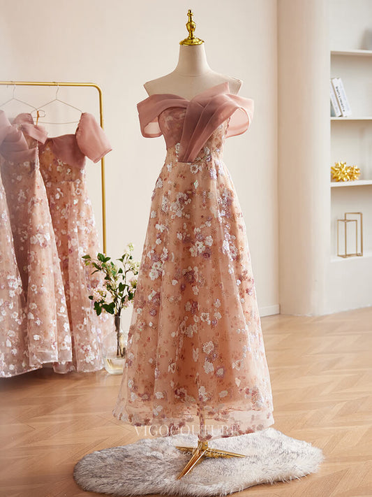 Prom Dress 2025 Pink Sequin Floral Lace Prom Dresses Off the Shoulder Maxi Dress 24385-unique elegant Prom Dresses-Pink-Custom Size-vigocouture