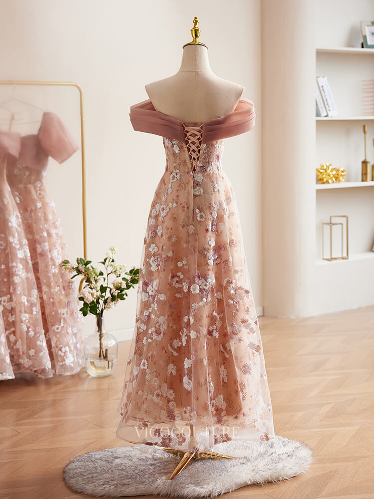 Prom Dress 2025 Pink Sequin Lace Floral Prom Dresses Off the Shoulder Maxi Dress 24383-unique elegant Prom Dresses-Pink-Custom Size-vigocouture