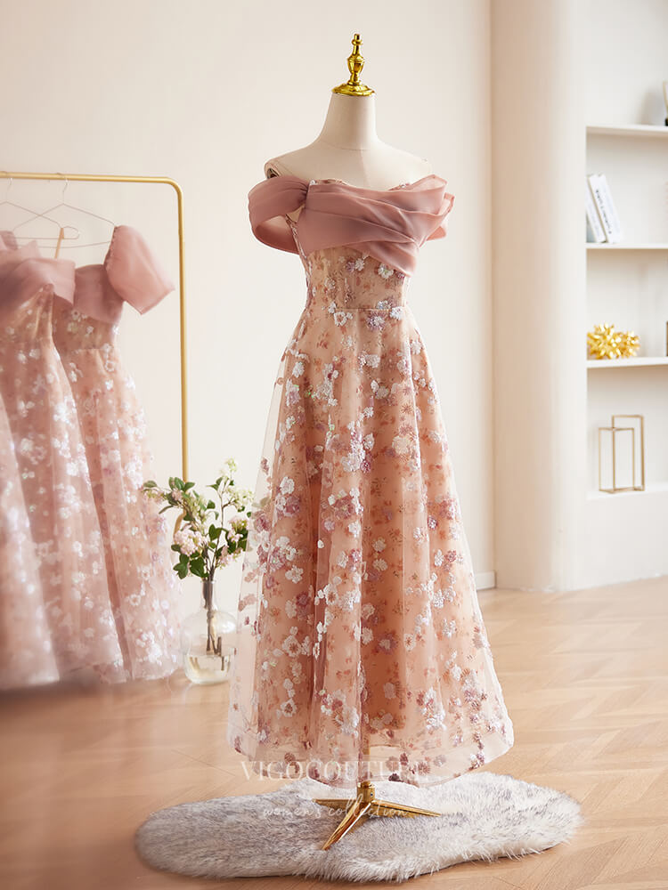 Prom Dress 2025 Pink Sequin Lace Floral Prom Dresses Off the Shoulder Maxi Dress 24383-unique elegant Prom Dresses-Pink-Custom Size-vigocouture