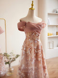 Prom Dress 2025 Pink Sequin Lace Floral Prom Dresses Off the Shoulder Maxi Dress 24383-unique elegant Prom Dresses-Pink-Custom Size-vigocouture