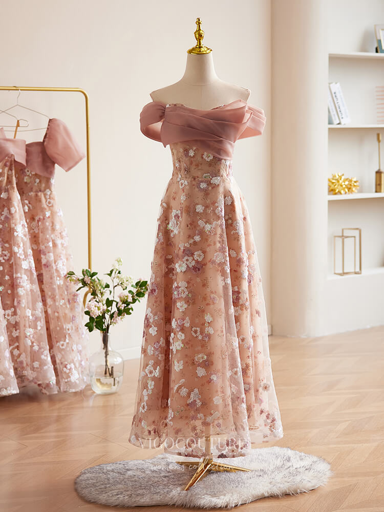 Prom Dress 2025 Pink Sequin Lace Floral Prom Dresses Off the Shoulder Maxi Dress 24383-unique elegant Prom Dresses-Pink-Custom Size-vigocouture