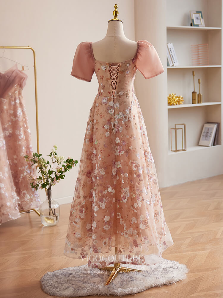 Prom Dress 2025 Pink Sequin Lace Floral Prom Dresses Puffed Sleeve Maxi Dress 24382-unique elegant Prom Dresses-Pink-Custom Size-vigocouture