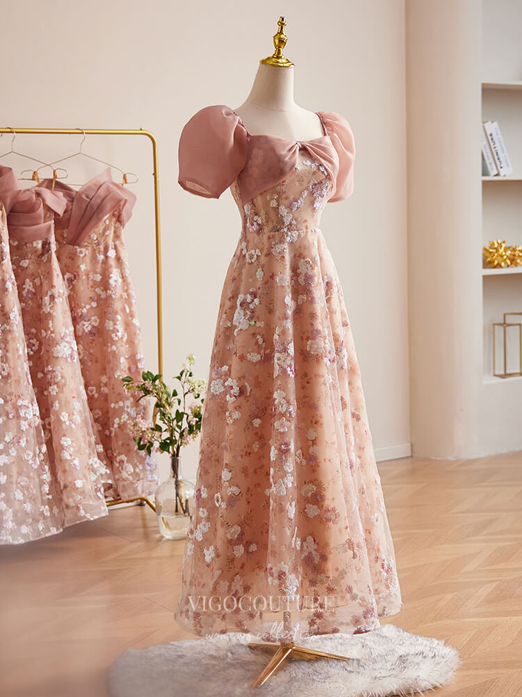 Prom Dress 2025 Pink Sequin Lace Floral Prom Dresses Puffed Sleeve Maxi Dress 24382-unique elegant Prom Dresses-Pink-Custom Size-vigocouture