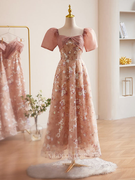 Prom Dress 2025 Pink Sequin Lace Floral Prom Dresses Puffed Sleeve Maxi Dress 24382-unique elegant Prom Dresses-Pink-Custom Size-vigocouture