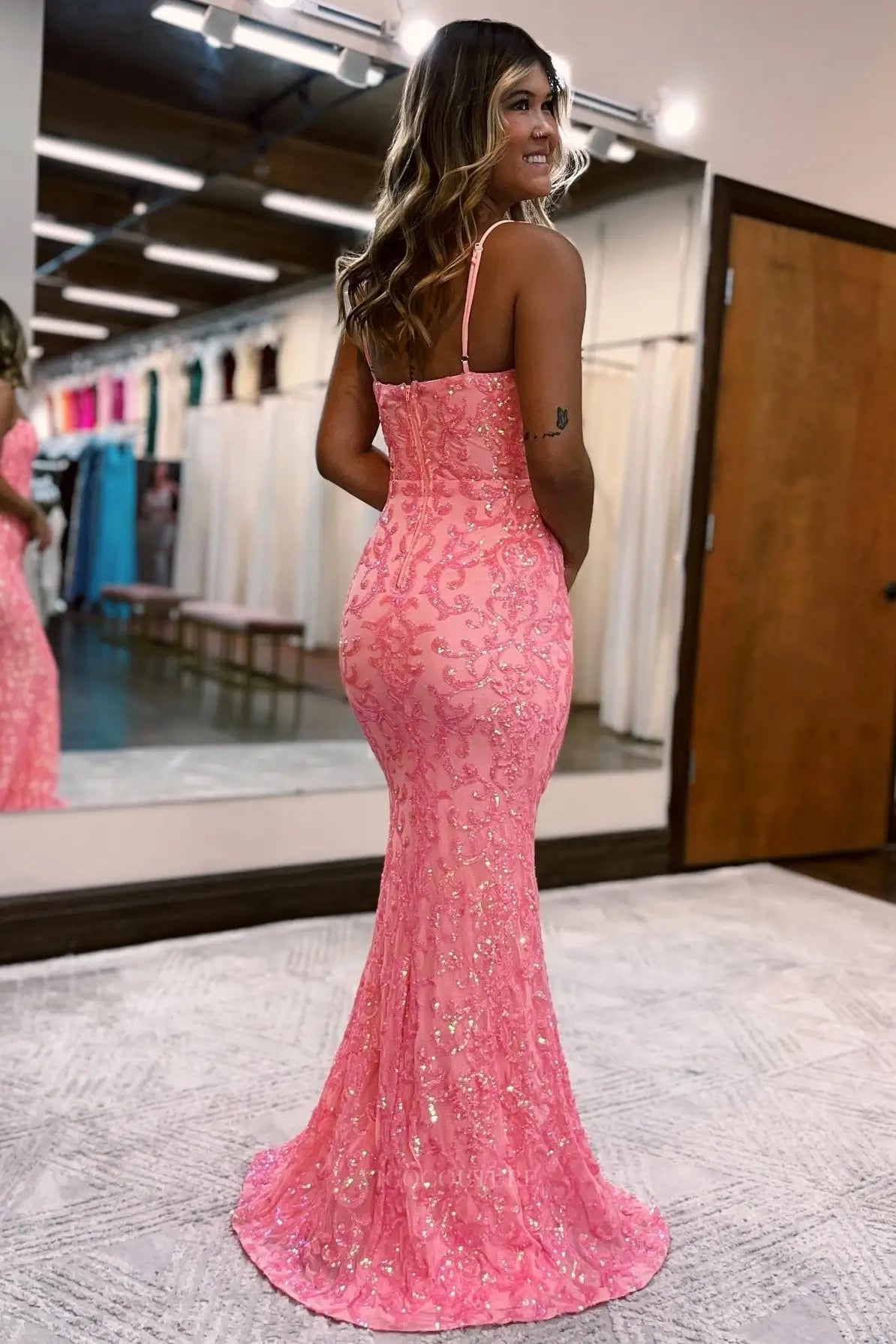 Prom Dresses 2025 to impress Pink Sequin Lace Mermaid Prom Dress with Straight Neckline & Spaghetti Straps – 26113-vigocouture-vigocouture