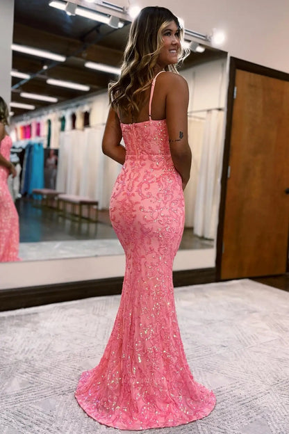 Prom Dresses 2025 to impress Pink Sequin Lace Mermaid Prom Dress with Straight Neckline & Spaghetti Straps – 26113-vigocouture-vigocouture