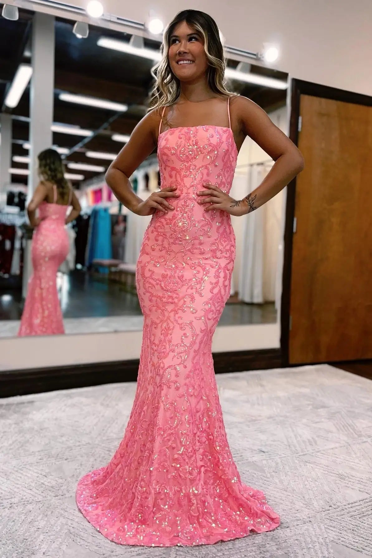 Prom Dresses 2025 to impress Pink Sequin Lace Mermaid Prom Dress with Straight Neckline & Spaghetti Straps – 26113-vigocouture-vigocouture
