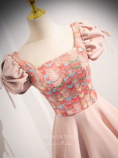 Pink Sequin Lace Satin Prom Dresses Puffed Sleeve Square Neck Formal Gown 24375 Pink / US2