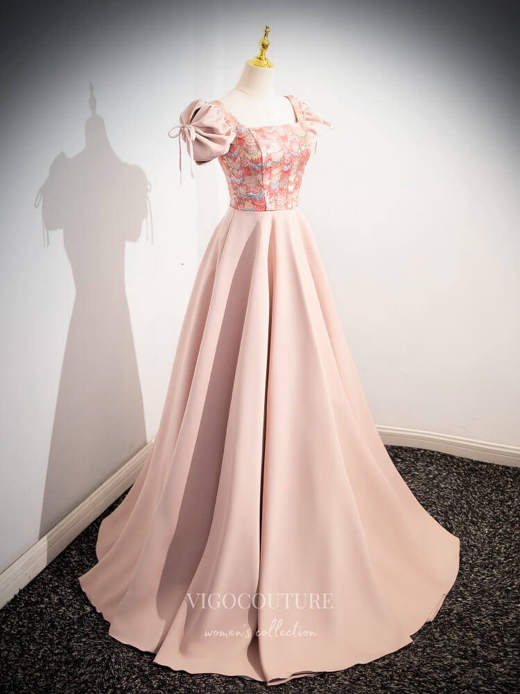 Prom Dress 2025 Pink Sequin Lace Satin Prom Dresses Puffed Sleeve Square Neck Formal Gown 24375-unique elegant Prom Dresses-Pink-Custom Size-vigocouture