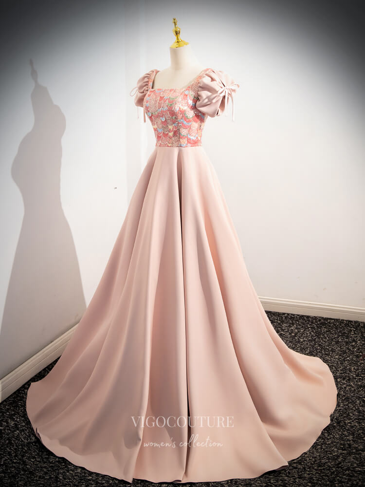 Prom Dress 2025 Pink Sequin Lace Satin Prom Dresses Puffed Sleeve Square Neck Formal Gown 24375-unique elegant Prom Dresses-Pink-Custom Size-vigocouture