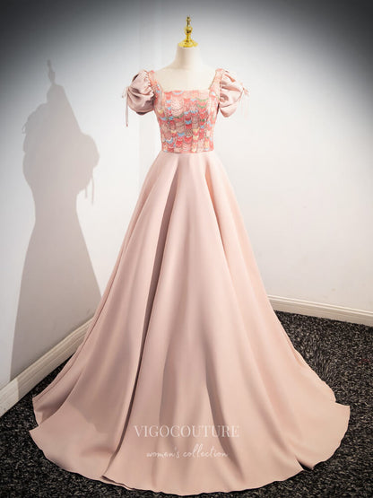 Pink Sequin Lace Satin Prom Dresses Puffed Sleeve Square Neck Formal Gown 24375 Pink / US2 Pink Sequin Lace Satin Prom Dresses Puffed Sleeve Square Neck Formal Gown 24375 Pink / US2