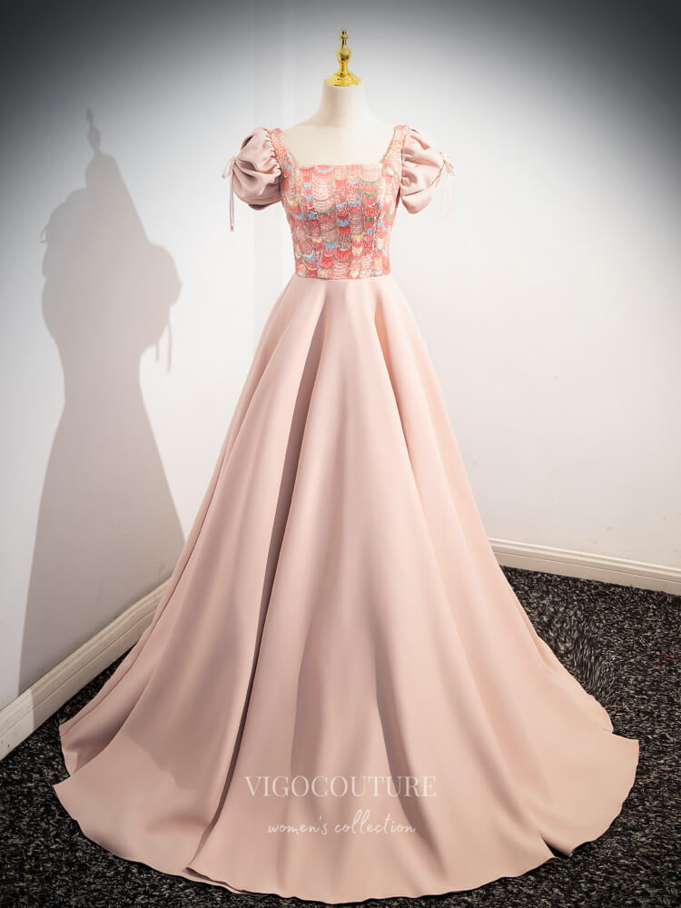 Prom Dress 2025 Pink Sequin Lace Satin Prom Dresses Puffed Sleeve Square Neck Formal Gown 24375-unique elegant Prom Dresses-Pink-Custom Size-vigocouture