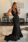 Prom Dress 2025 Pink Sequin Mermaid Prom Dresses Plunging V-Neck Evening Dresses 21587-unique elegant Prom Dresses-Black-US2-vigocouture