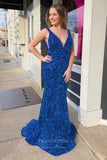 Prom Dress 2025 Pink Sequin Mermaid Prom Dresses Plunging V-Neck Evening Dresses 21587-unique elegant Prom Dresses-Blue-US2-vigocouture